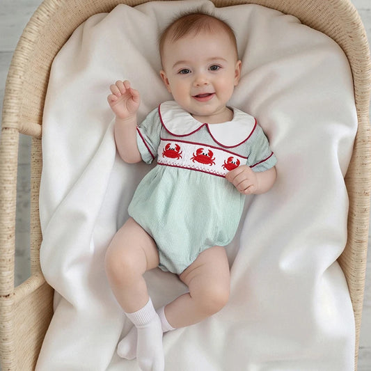 Baby Boys Girls Summer Romper - Crab Embroidery Doll Collar Jumpsuit (0-18M)