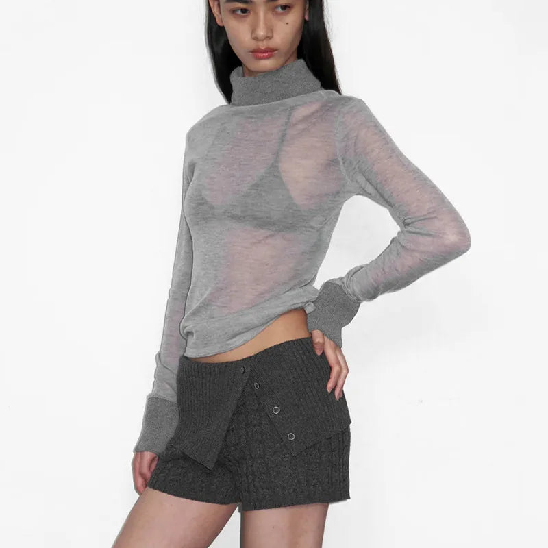 Women's Casual Turtleneck  Splice Slim Bottoming Pullover See Through Long Sleeve T-Shirt