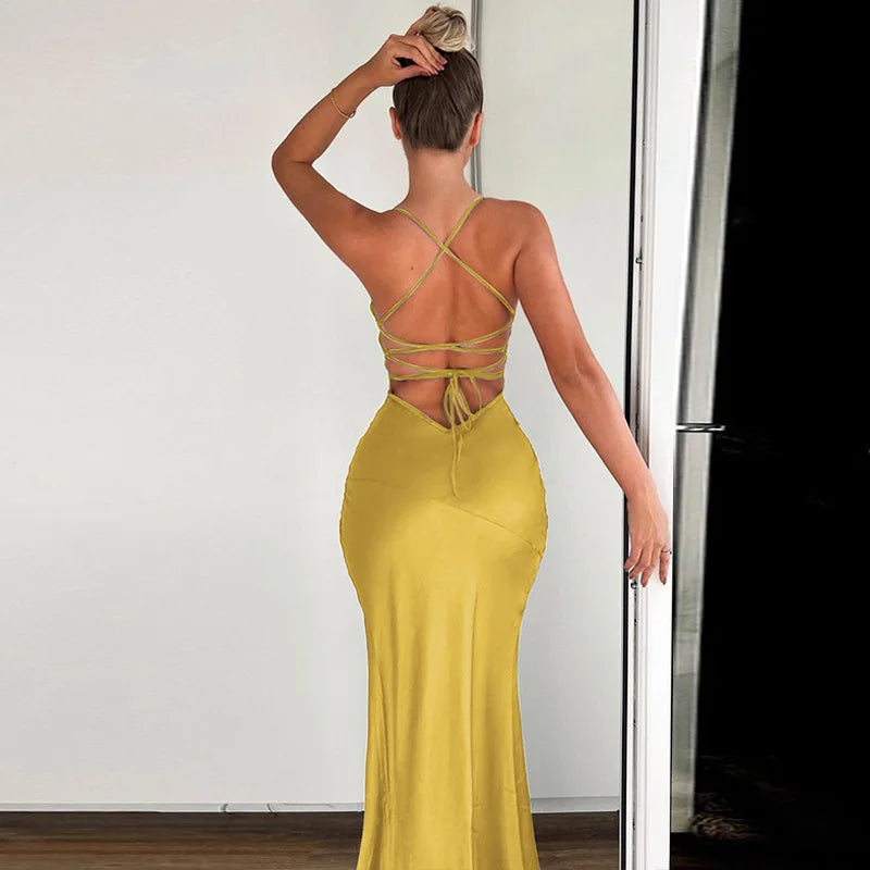 Women's Spaghetti Strap Slip Maxi Dress - Split Backless Bandage Elegant Gown Dress