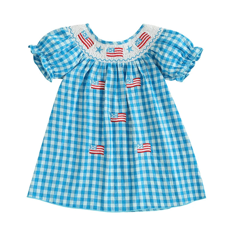 0-4Y  Kids Girl’s  Short Sleeve Embroidery Crew Neck Plaid Flags Print A-Line Dress
