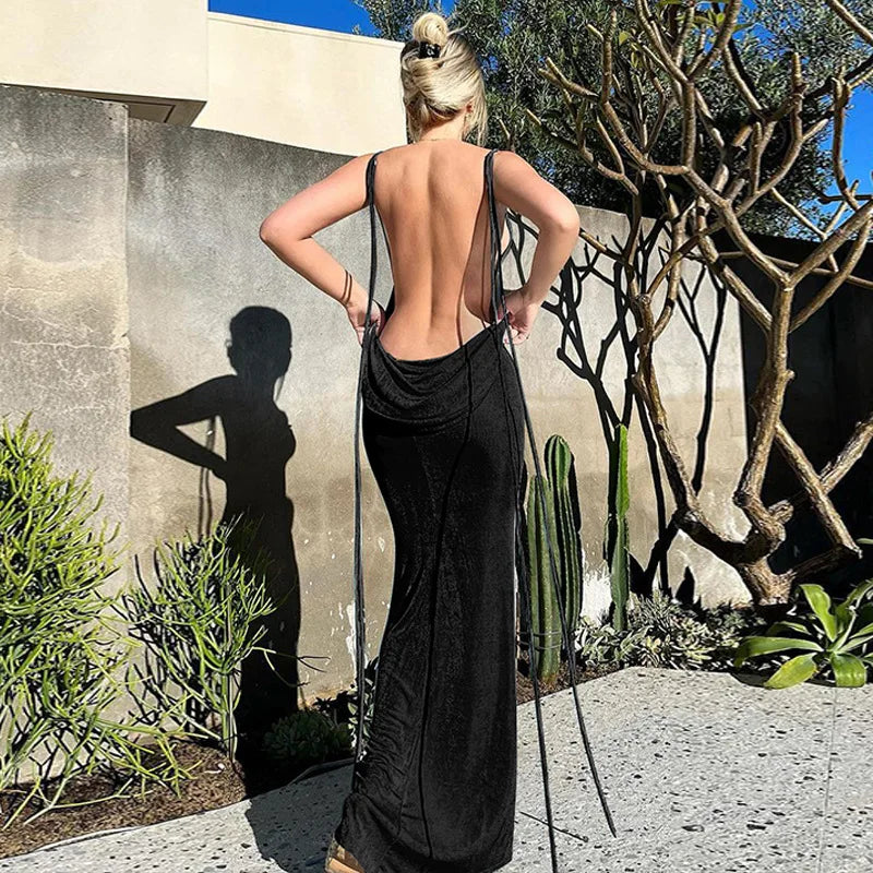 Women's Halter Backless Draped Maxi Dress - Long Straps Shift Dress