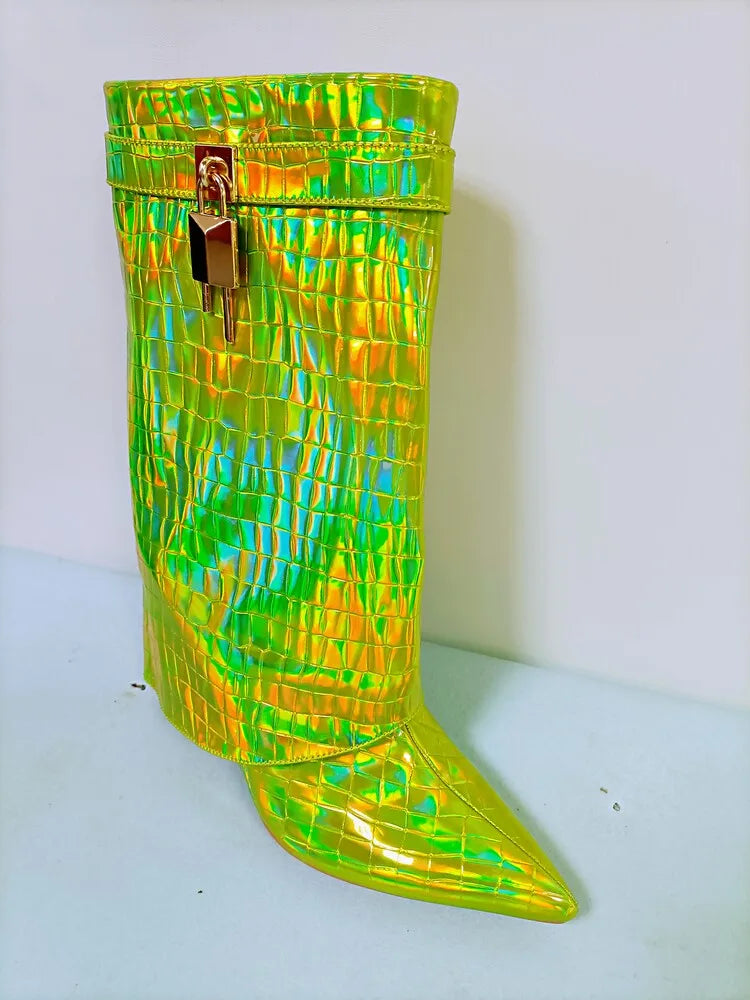 Women's Wedge Leather Mid-Calf Boots - 10cm Heel Metal Buckle Boots