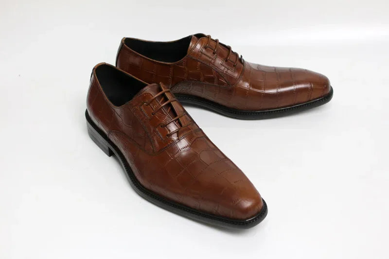 Crocodile Pattern Square Toe Brogue Leather Oxford Shoes