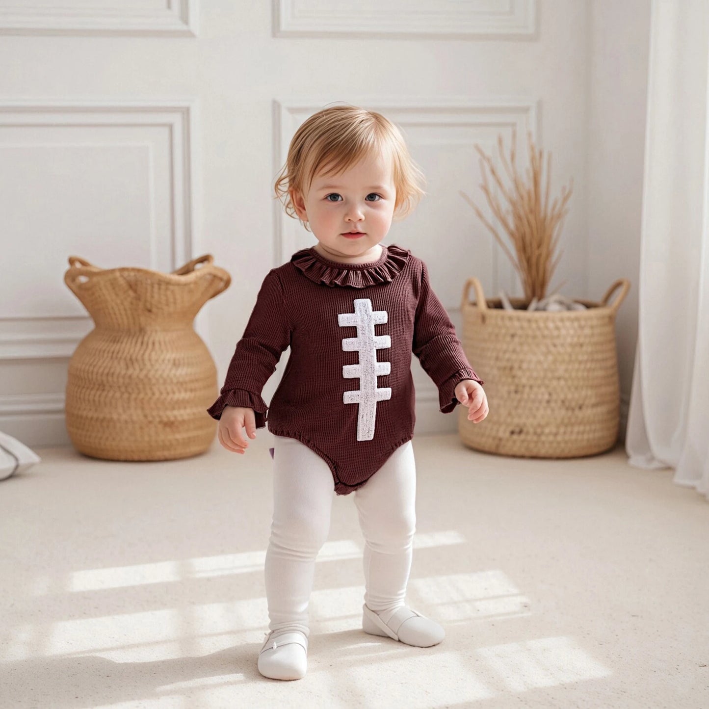 Baby Autumn Winter Romper - Football Embroidery Long Sleeve Ruffled Jumpsuit (0-18M)