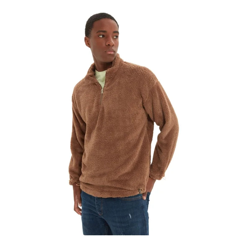 Men's Fabric Loose Plain Plush Standard Sleeve Zippered Standing Collar Sweatshirt