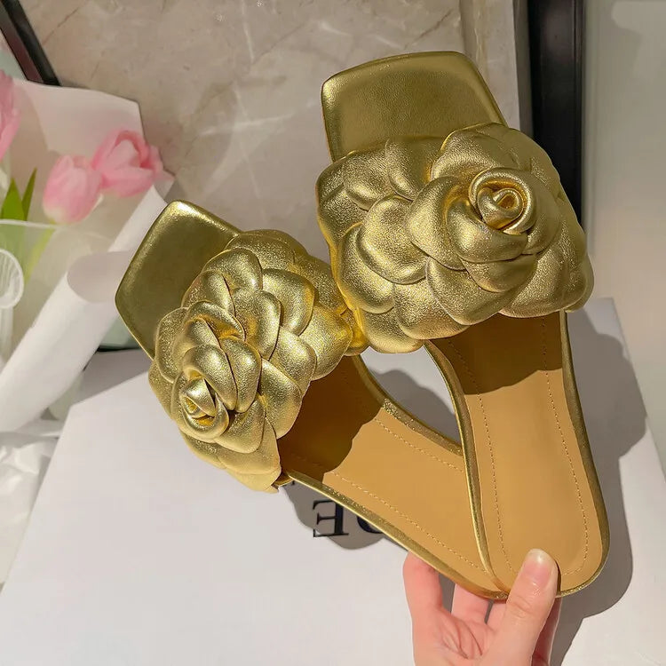 Women's 3D Flower Handmade Rose Head Layer Cowhide Open Toe Square Toe Slippers