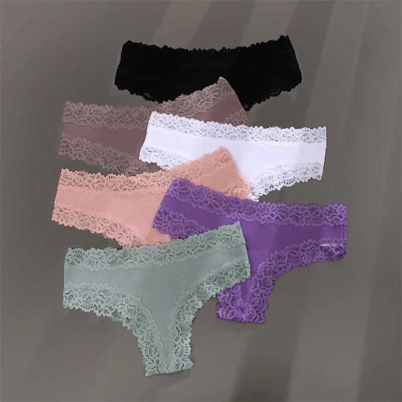 5PCS Women Cotton Lace Underwear Low Waist Briefs Breathable G-String Lingerie