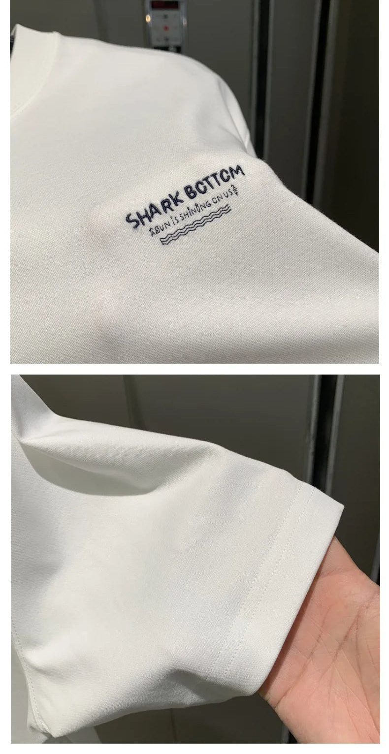 Men's Embroidered T-Shirt Shark Patch Back Detail Crew Neck Short Sleeve