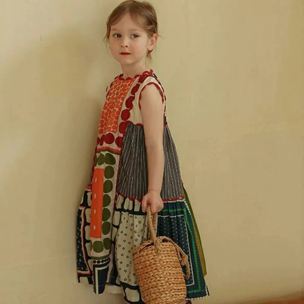 Girls' Dress Summer Children's Round Neck Sleeveless Geometric Multicolour Comfortable Casual Dress