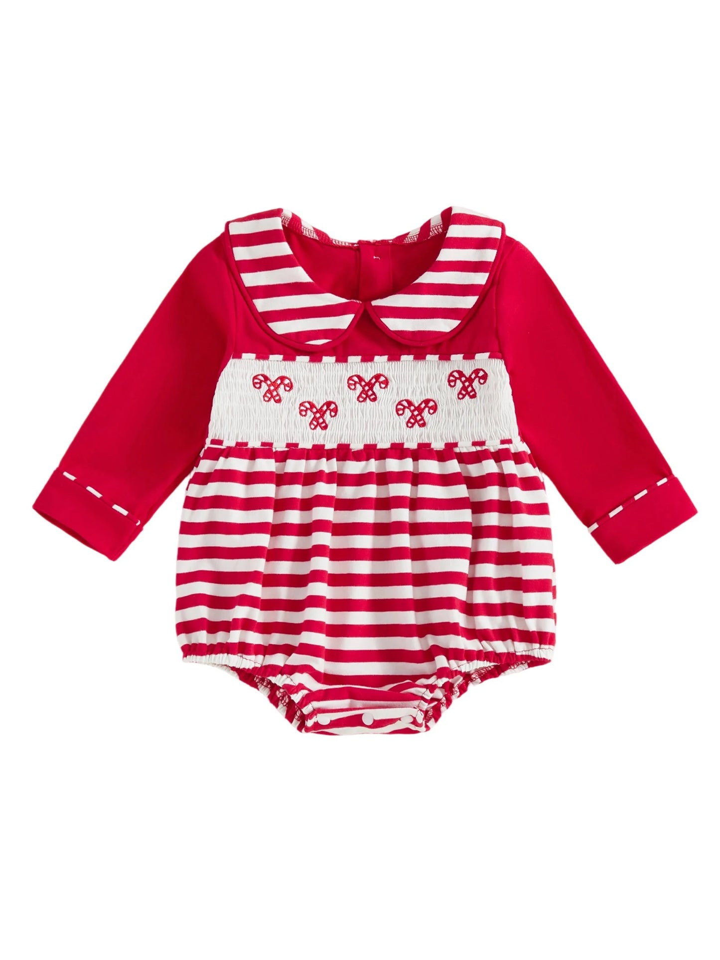 Baby Christmas Romper - Candy Cane Embroidery Long Sleeve Smocked Striped Jumpsuit