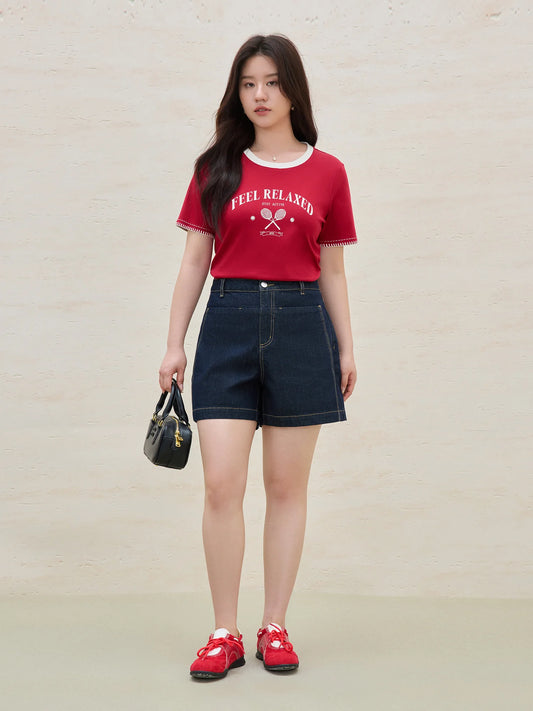 Women's Vintage Contrast-Stitch Round Neck Tee - Relaxed Fit Cotton Blend Summer Top