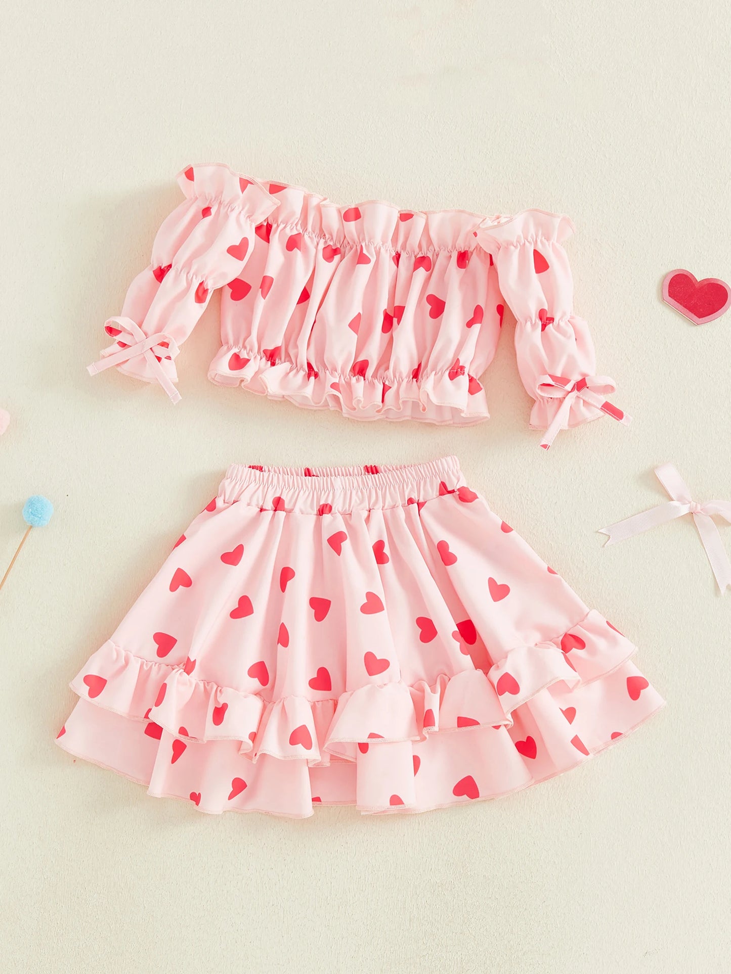 Valentine's Day Girls Outfit Set - Heart Print Off Shoulder Top & A-Line Skirt