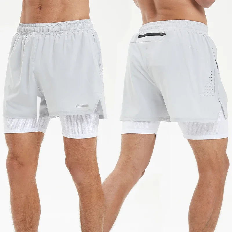 Men's Summer Swim Gym Sportswear 2 in 1 Compression Jogging Shorts Beach Casual Pants Double-deck Bottoms with Zipper Pockets