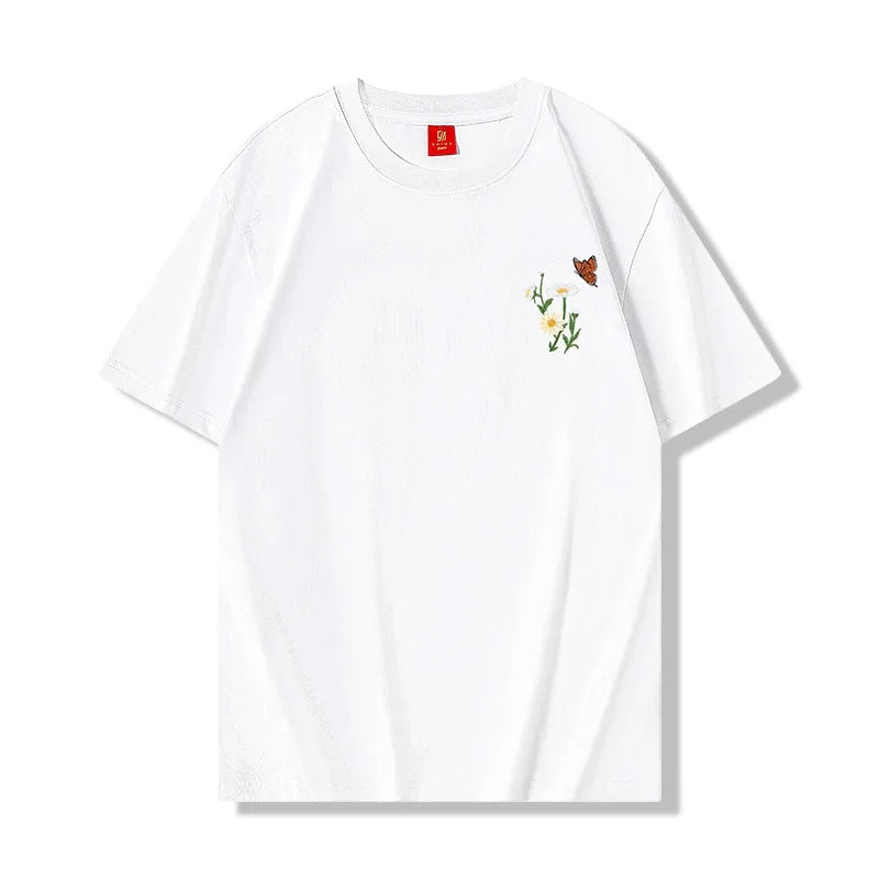 Men's Guochao short-sleeved Butterfly Embroidery Round Neck Cotton T-Shirt