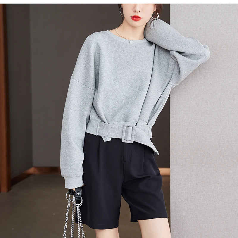 Women Plain Long Sleeve Belt Waist Loose Casual Oversize Pullover Jumper Sweatshirt