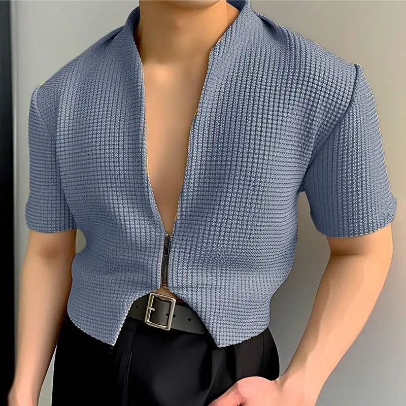 Men V Neck Short Sleeve Zipper Irregular Crop Top Shirt