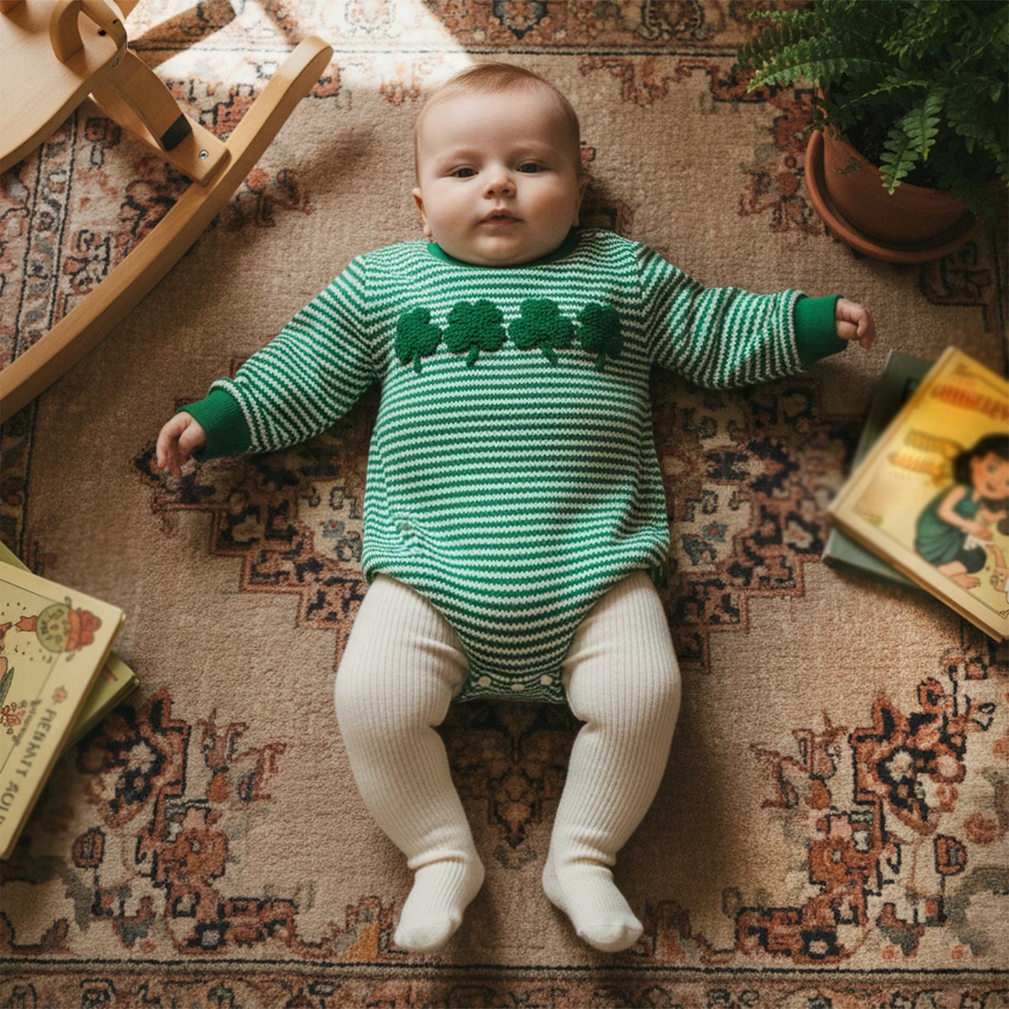 Baby Boys Girls Festival Romper - Shamrock Embroidery Plaid Long Sleeve Jumpsuit