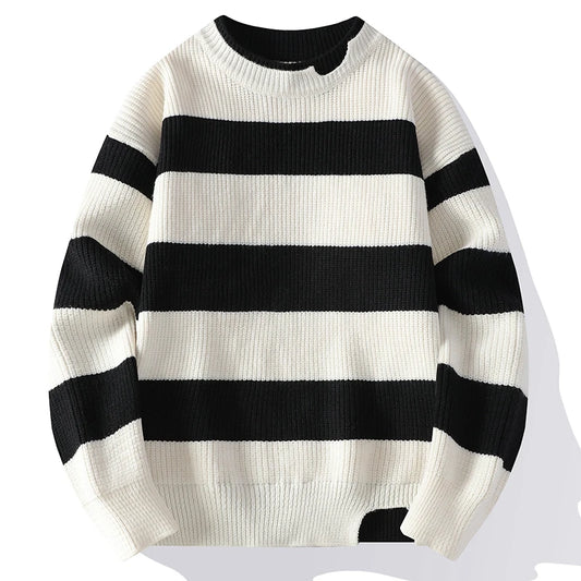 Men's Round Neck Knit Pullover Striped Sweater