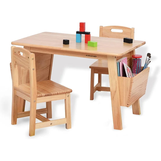 Children's Solid Wood Table and 2 Chair Set with Storage Desk and Chair Set