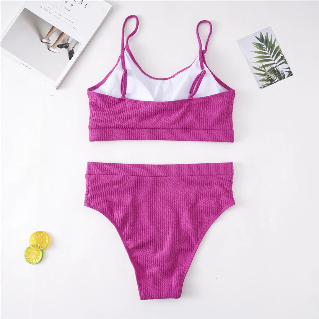 Ribbed Bikini Set - High Waist Two Piece Swimsuit