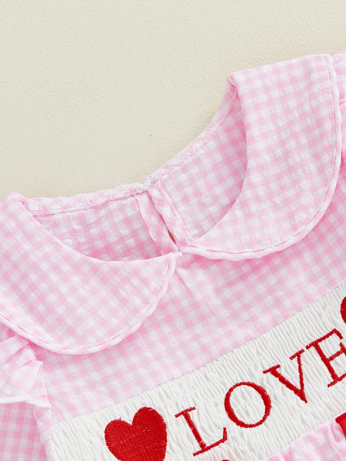Baby Girls Valentine's Romper - Plaid Embroidered Ruffled Doll Neck Jumpsuit 0-18M