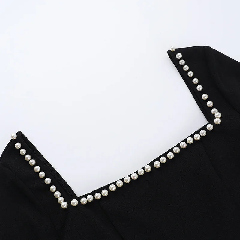 Women's Elegant Pearl Square Neck Long Sleeve Mini High Waist Dress