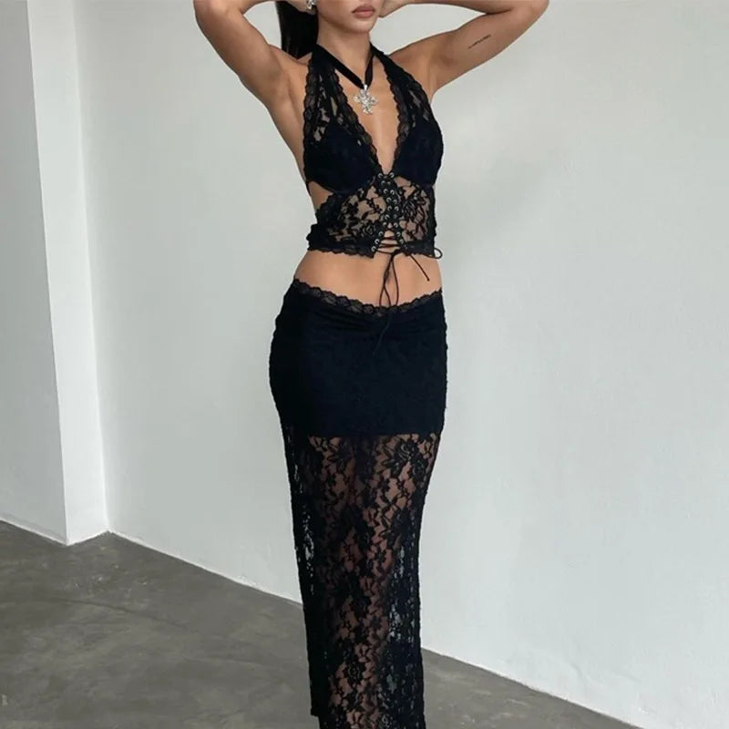 Women's Halter Sheer Lace Bandage Dress Co-ord Set Outfit  Matching Sets Maxi Skirts 2 Piece Set