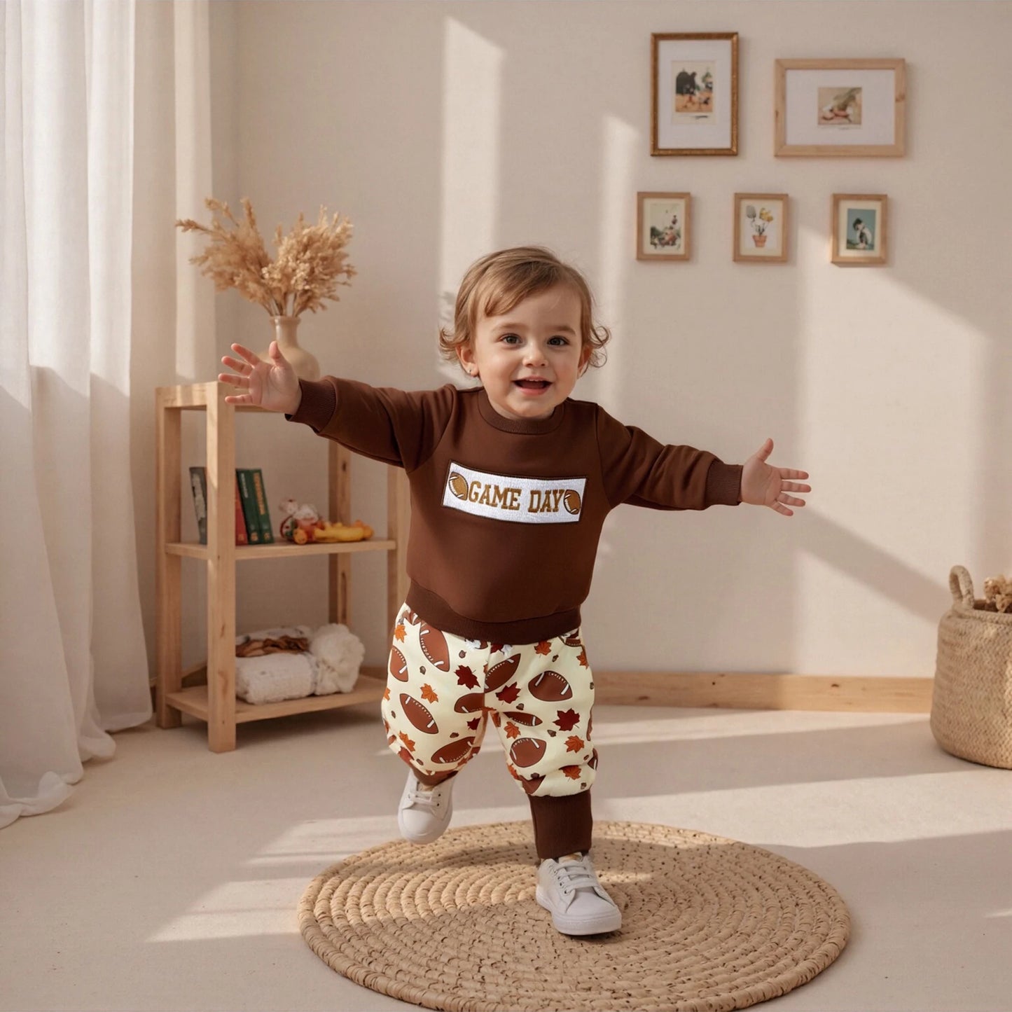 Baby Boys Thanksgiving Football Outfit Set - Rugby Long Sleeve Sweatshirt & Leaf Pants (0-3Y)
