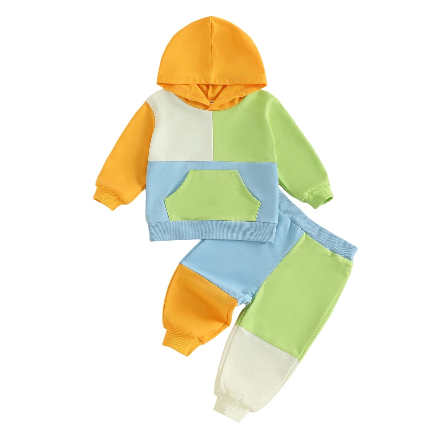 Kids Patchwork Hoodie and Pants Set - Casual Long Sleeve 2-Piece Outfit for Autumn Winter