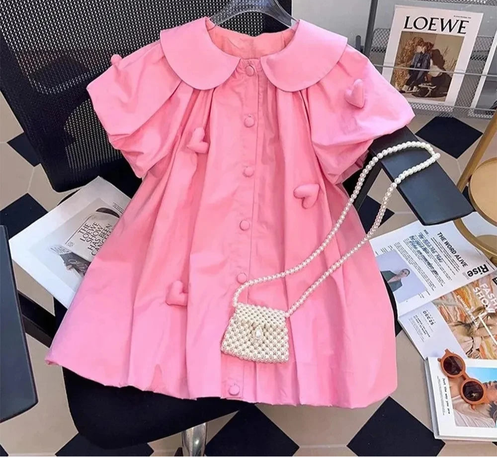 Girl's Summer Polo Collar 3D Love Decal Bubble Sleeve Princess Dress