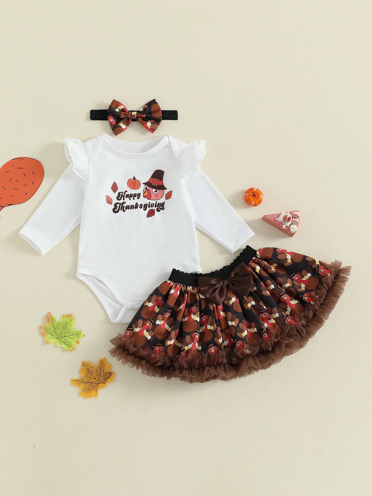 Baby Girls Thanksgiving Outfit Set - 3-Piece Long Sleeve Romper, Mini Skirt & Headband
