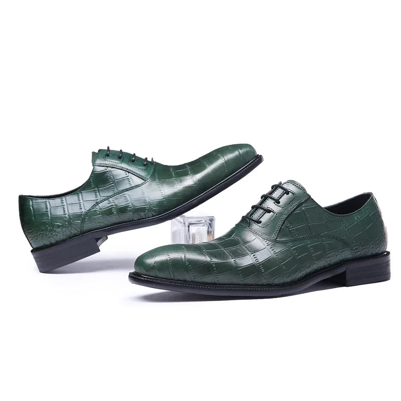 Crocodile Pattern Square Toe Brogue Leather Oxford Shoes