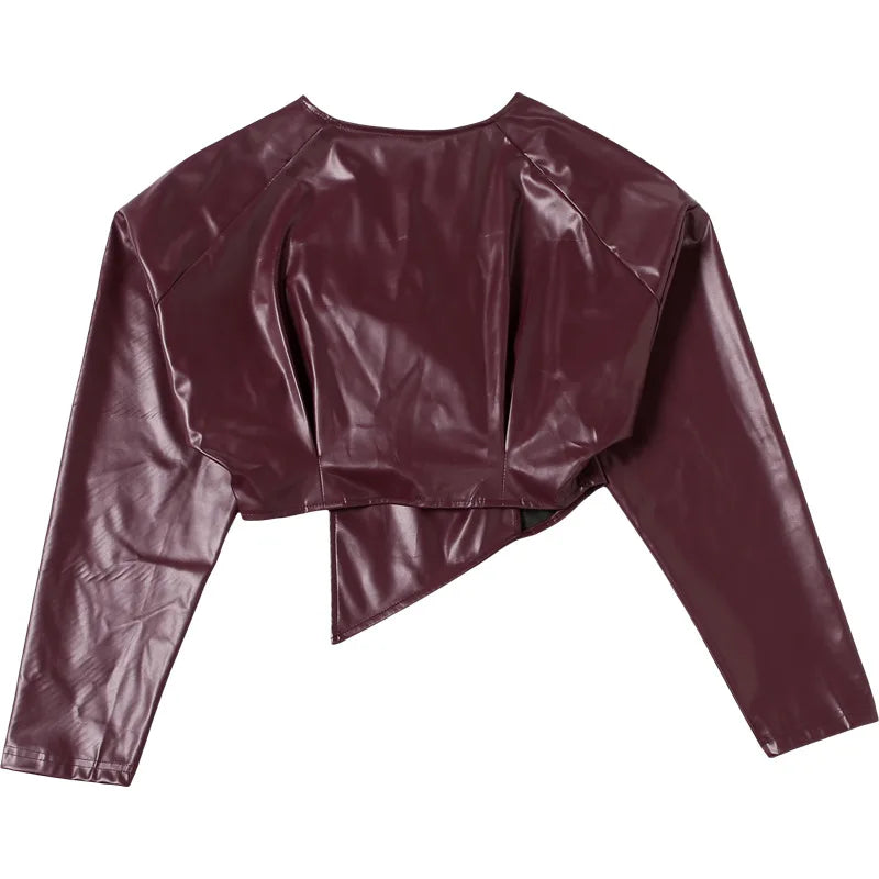 Women's PU Leather Cropped Jacket - Asymmetrical Single Button Coat