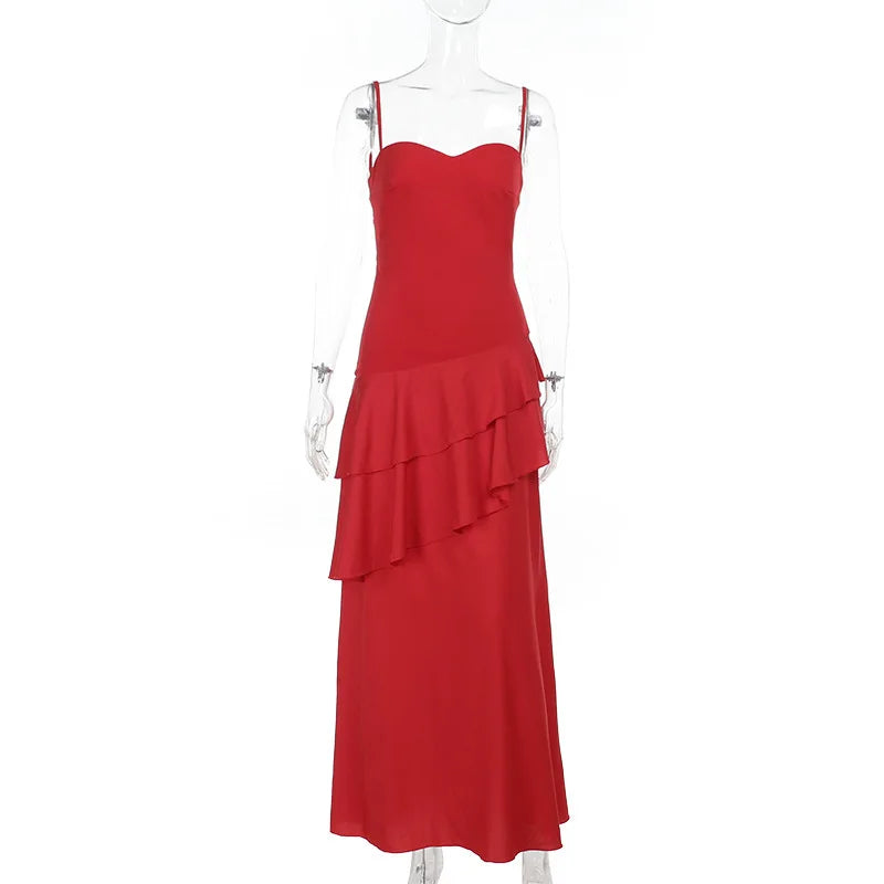 Women's Red Ruffled Slip Maxi Dress - Backless Summer Vacation Dress