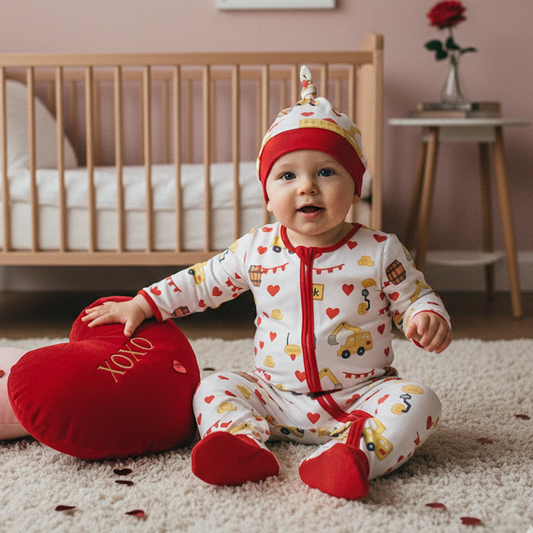 Baby Boys Girls Valentine's Day Romper Set - Excavator Heart Print Jumpsuit with Hat 0-18M