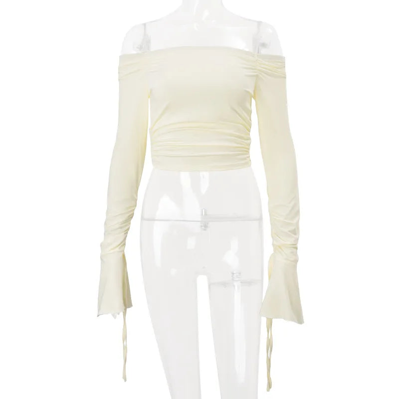 Women's Solid Flare Sleeve Off Shoulder Top - Elegant Cropped Streetwear