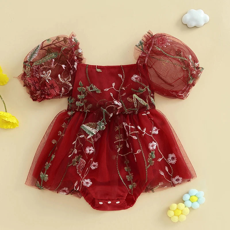 Baby Girls Princess Romper Dress - Flower Embroidery Mesh Skirt Bodysuit