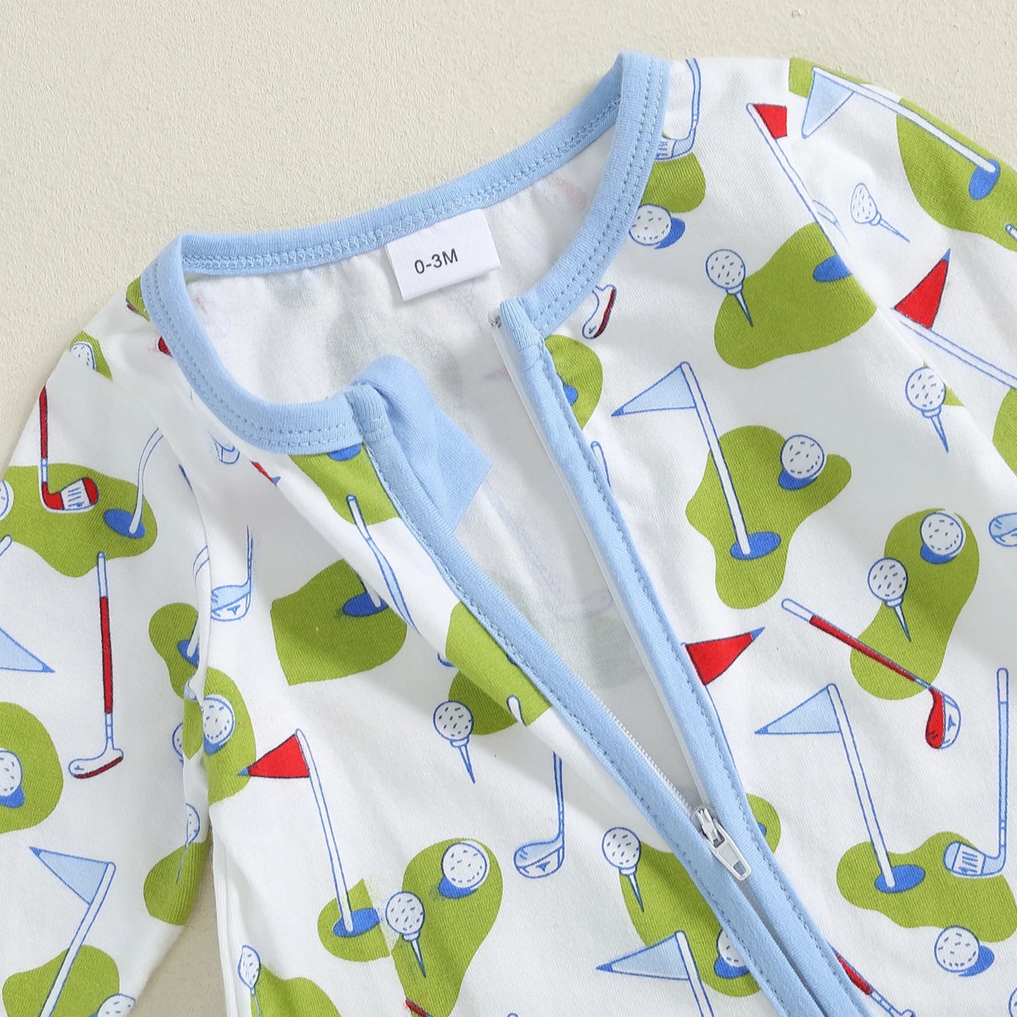 Newborn Baby Footed Romper - Long Sleeve Cartoon Golf Print Zipper Jumpsuit