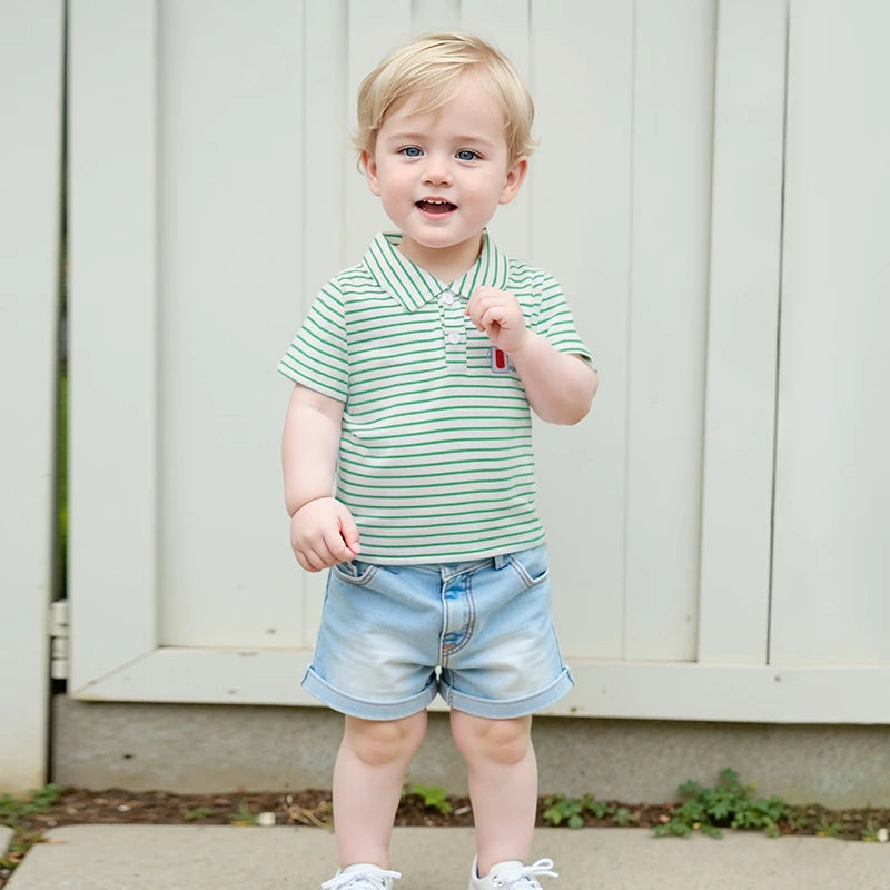 0-4Y Toddler Kids Boys Summer T Shirts Short Sleeve Casual Golf Embroidery Striped Print Pullover Top
