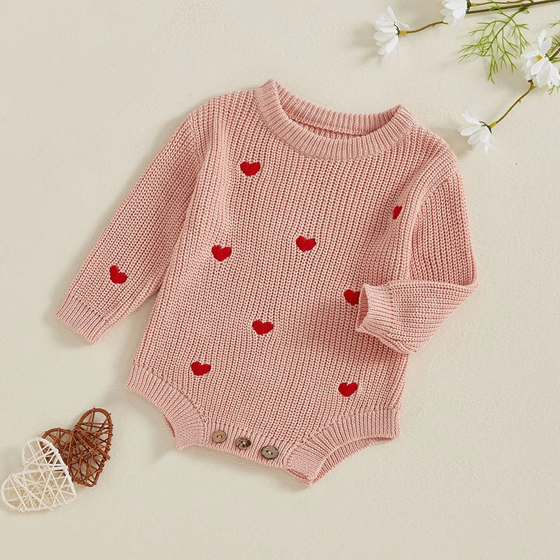 Newborn Baby Girl's Sweater Romper - Heart Knit Long Sleeve Jumpsuit for Valentine's