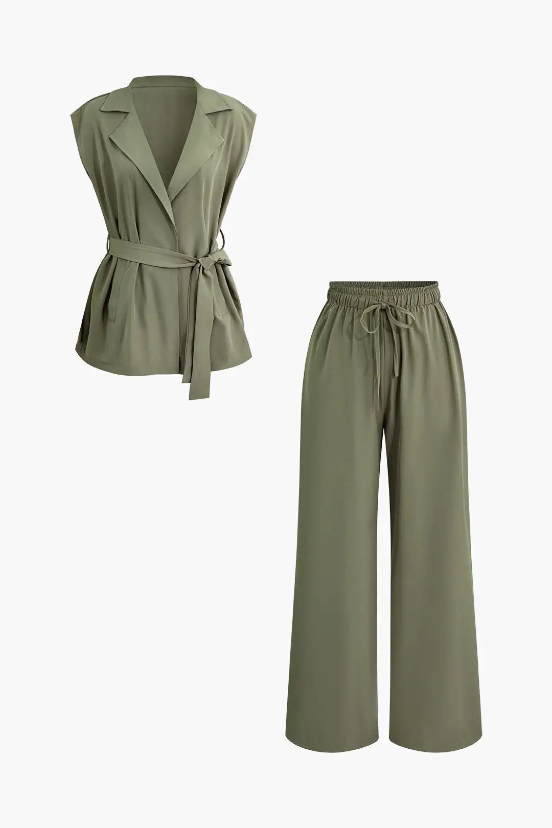 Women's Notched Lapel Sleeveless Belted Top And Drawstring Wide Leg Pants  Two Piece Set