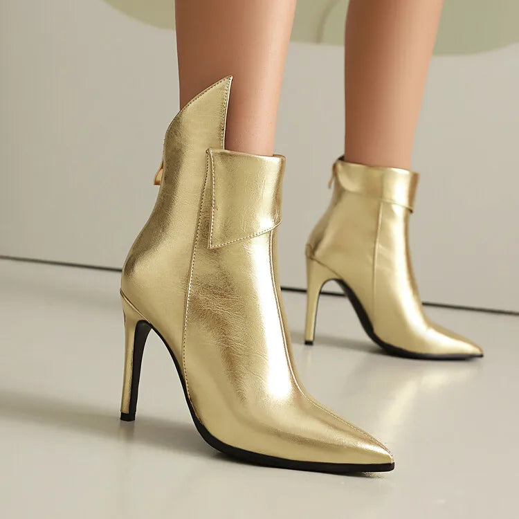 Women's Irregular Design Leather 10cm High-heeled Pointed Back Zipper Short Plush Ankle Boots