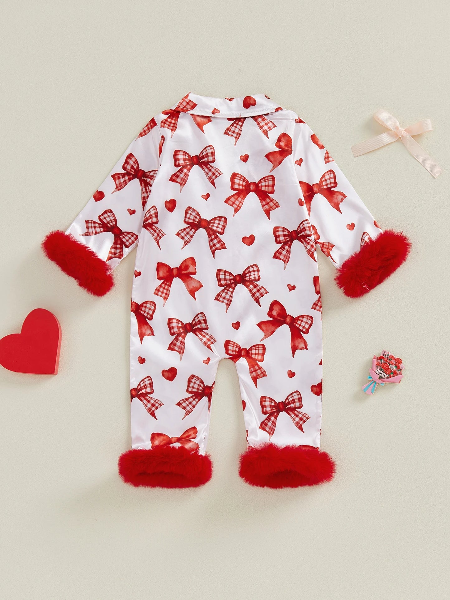 Baby Girls Romper - Heart Print Lapel Collar Jumpsuit with Fur Cuffs