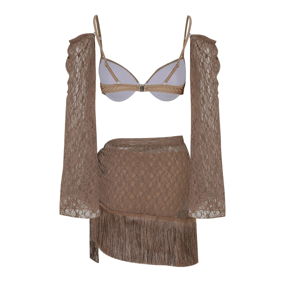 Women's 3-Piece Tassel Swimwear Set - Long Sleeve Top & Mini Skirt Cover Up