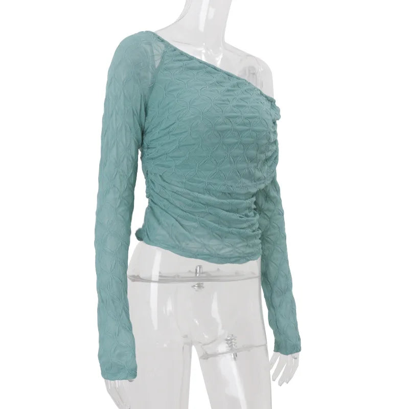 Women's Elegant Textured Asymmetrical Long Sleeve Top - Ruched Cropped