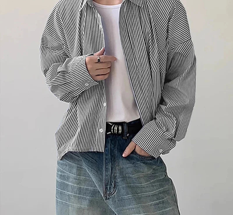 Men's Striped Lapel Long Sleeve Loose Shirt