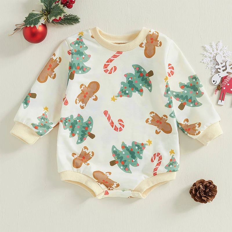 Christmas Candy Cane and Tree Print Romper - Baby Boys Girls Jumpsuit