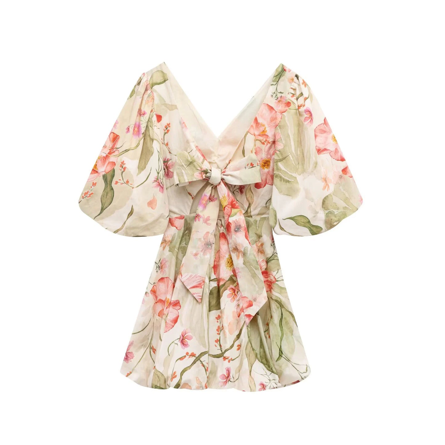 Women's Elegant V-Neck Summer Dress - Bubble Sleeves Waist Cinching Fluffy Skirt