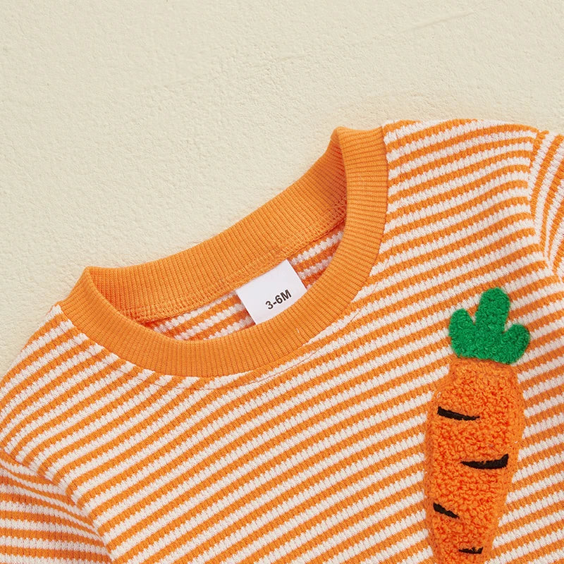 Baby Easter Romper - Stripe Rabbit Carrot Embroidery Long Sleeve Bodysuit
