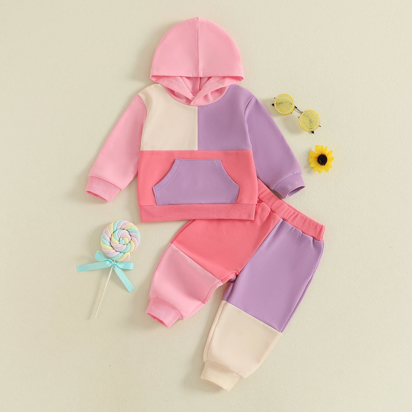 Kids Patchwork Hoodie and Pants Set - Casual Long Sleeve 2-Piece Outfit for Autumn Winter
